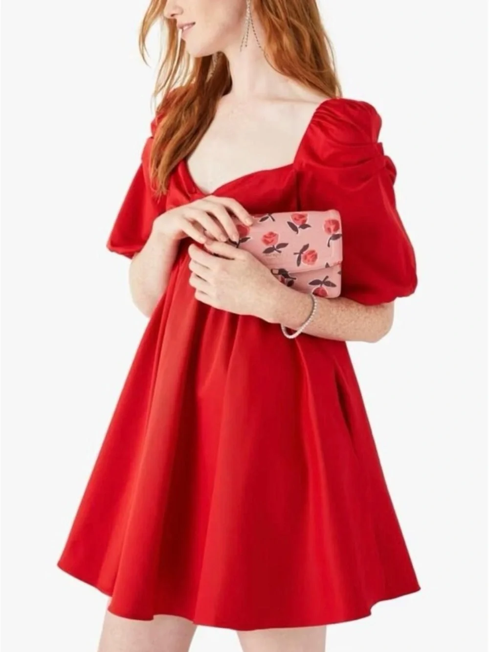 kate spade Beau Red Puff-Sleeve Bow Satin Babydoll Dress..Size 12